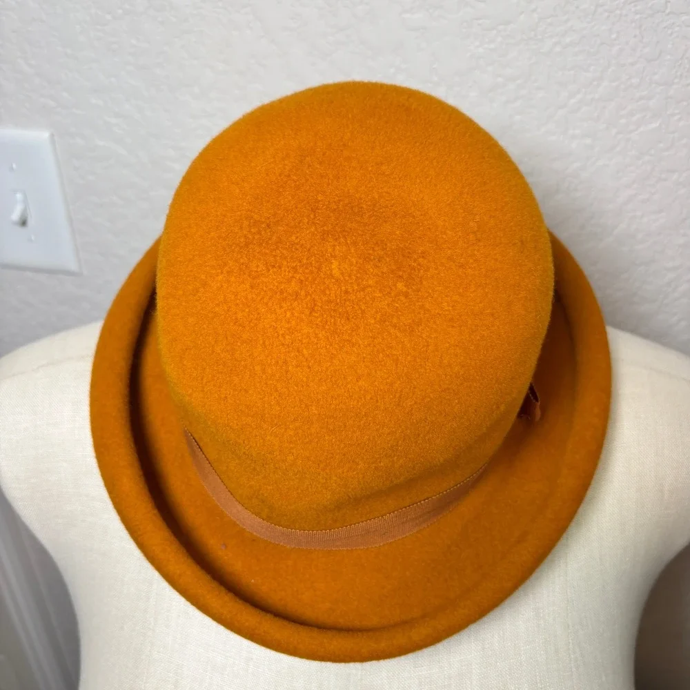 Vintage Union Made Wool Felt Bowler Derby Hat Burnt Orange Grosgrain Ribbon Bow - Picture 5 of 10
